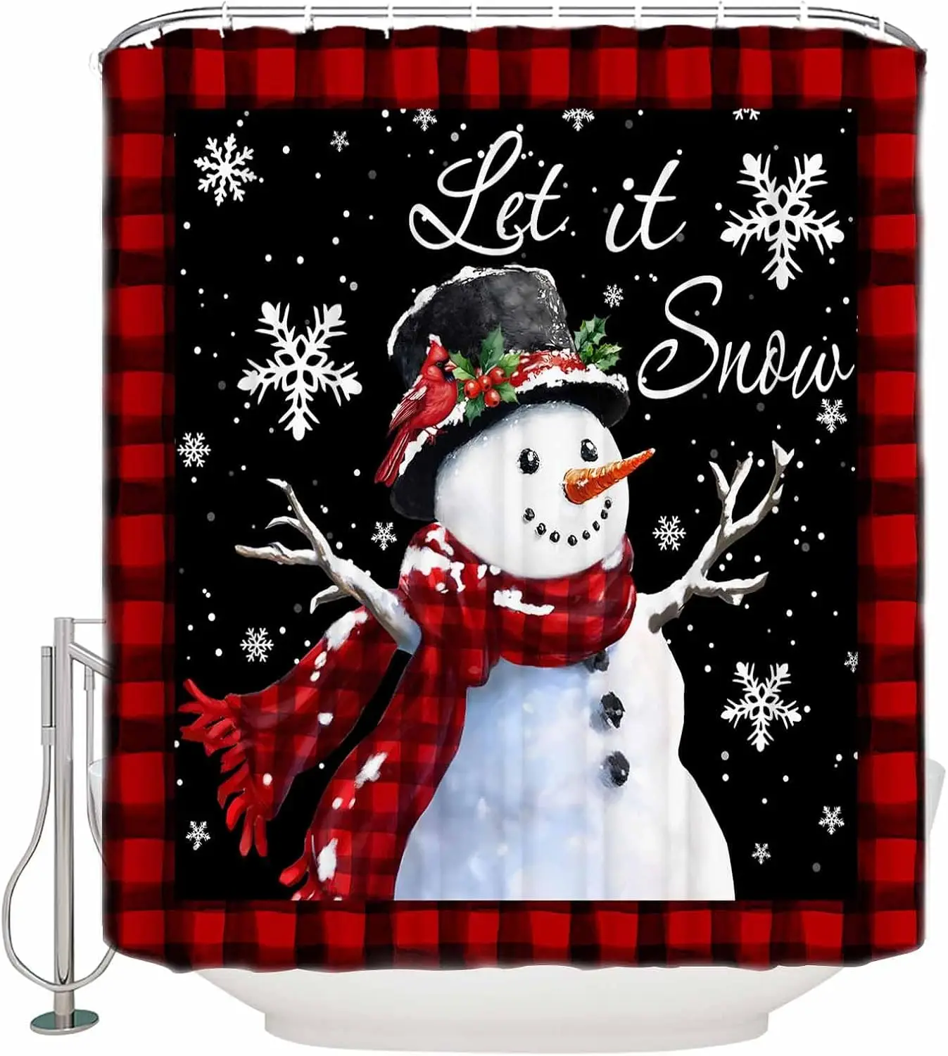 Christmas Shower Curtain Set with,Winter Snowman Snowflake Berry Red Black Grid Washable Cloth Polyester Fabric Shower Curtain