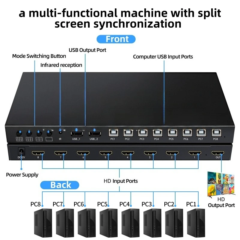 Splitter eight in one out KVM seamless switcher screen splitter 8 port computer synchronizer