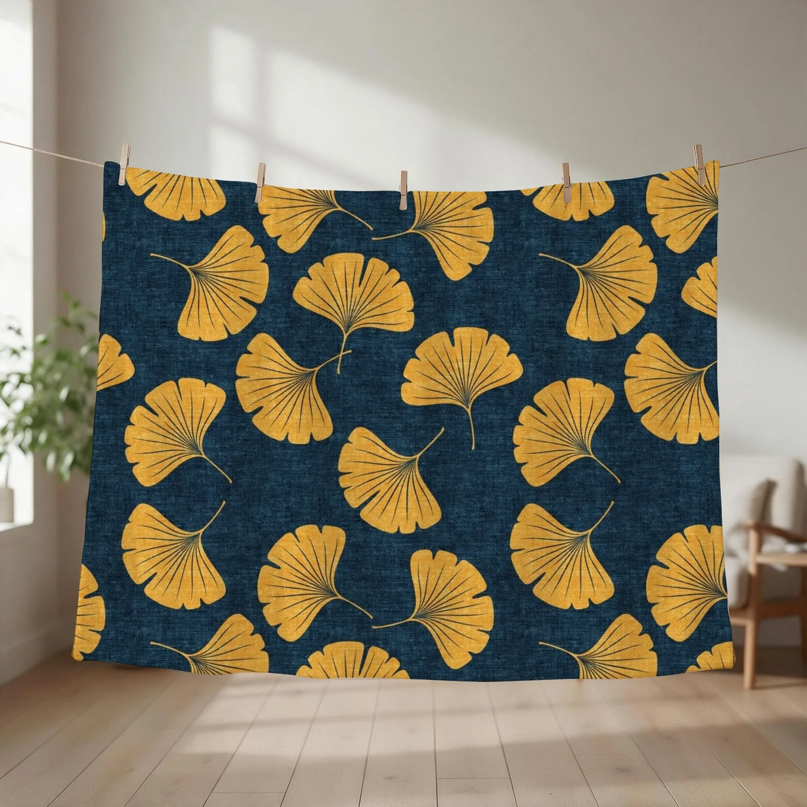 Ginkgo biloba - gingko leaves - blue Throw Blanket couch cozy soft plush fuzzy picnic outdoor blanket