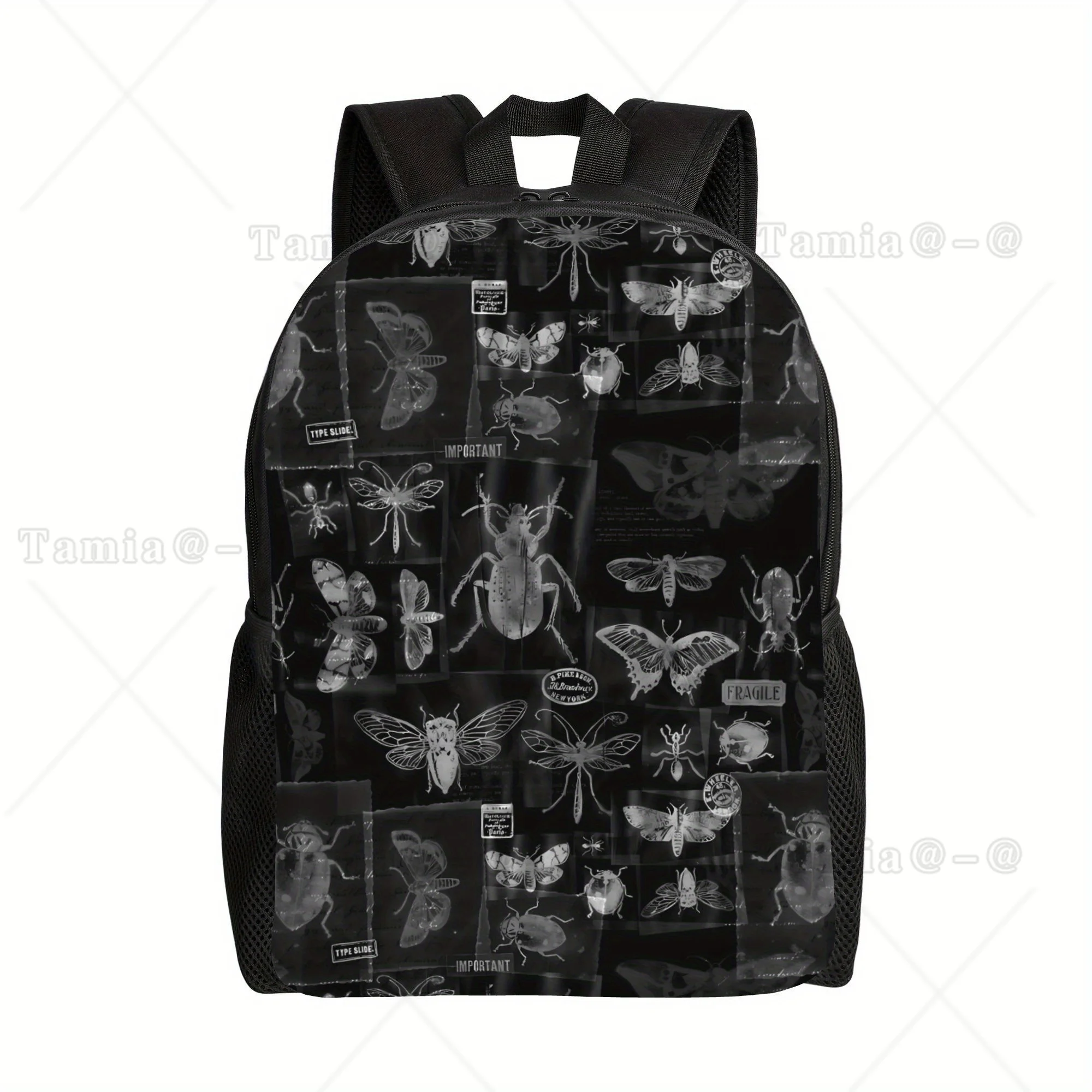 Vintage Black White Insect Specimen Gothic Bug Moth Print Backpack, Retro Scientific Insect Casual Backpack