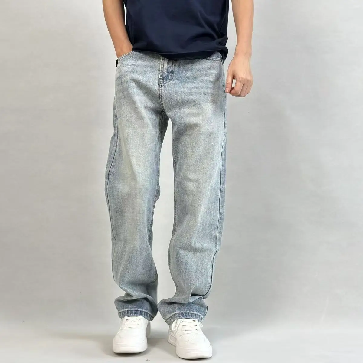 

High-end Luxury Man Clothes Loose Retro Micro-wide Washed Jeans Men's Straight Casual Trendy High Street Light Blue Trousers