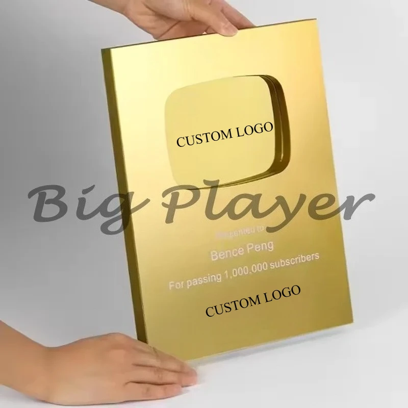 أروع هدية جائزة YouTube، زر تشغيل مخصص، لوحة جائزة معدنية ذهبية فضية