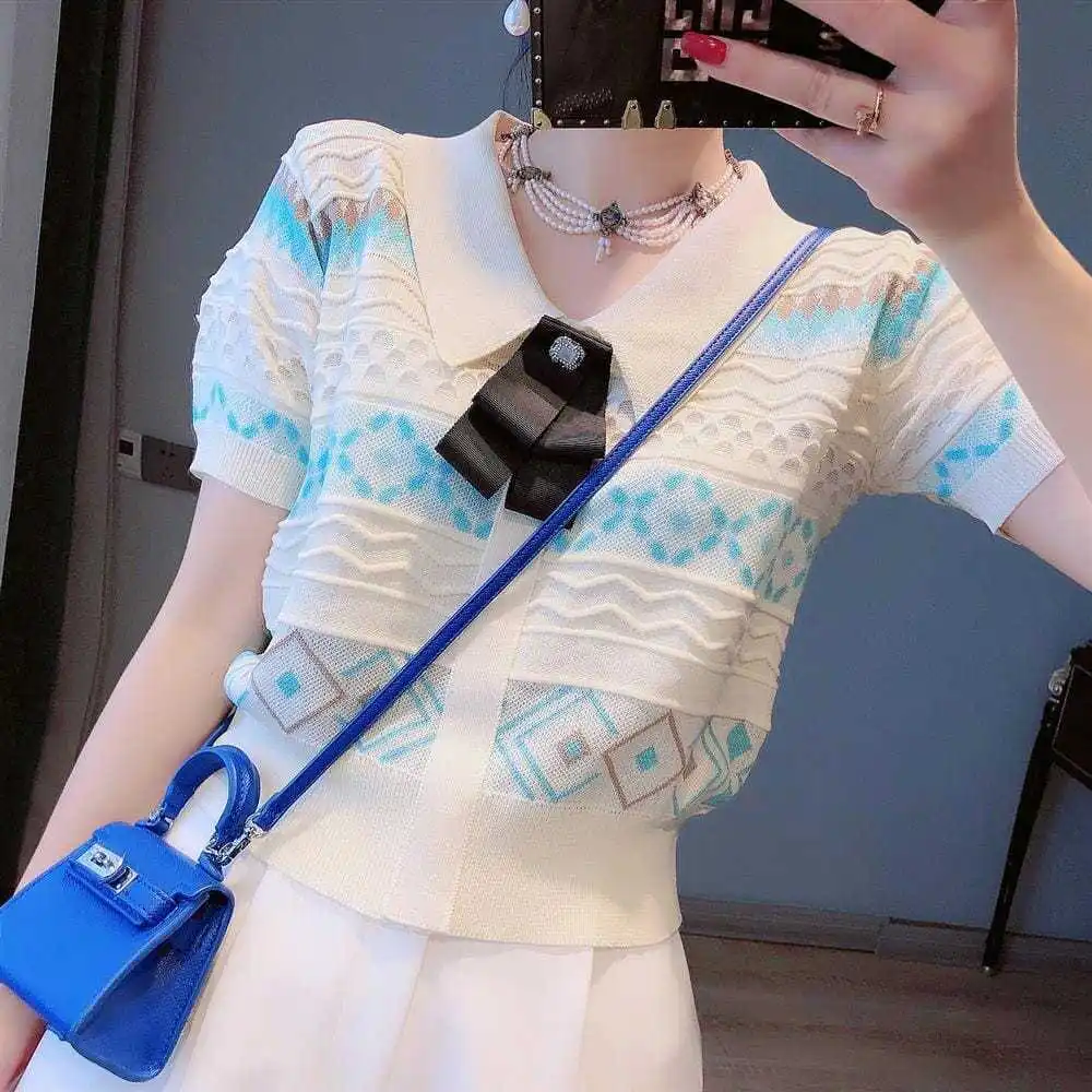 

New Summer Short Sleeve Baby Collar Bow Waisted Embroidered Short Knitted Sweater Top for Women