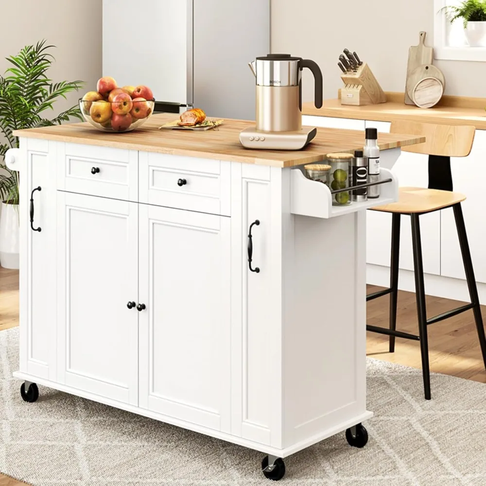 

52"W Kitchen Island with Drop-Leaf Breakfast Bar and 2 Pull-outs, Kitchen Cart on Lockable Wheels with Rubberwood Top