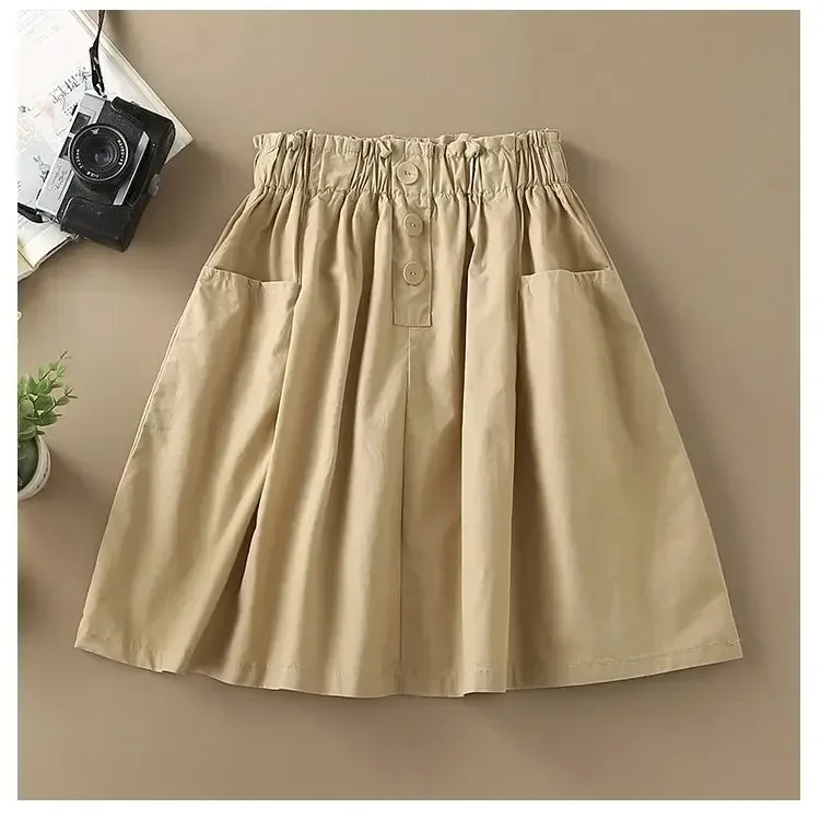 Kids Girls Cotton Skirts Mid-Length Summer Skirts Princess Blue Khaki Skirts 2024 Teenage Girls Casual Skirt With Pocket