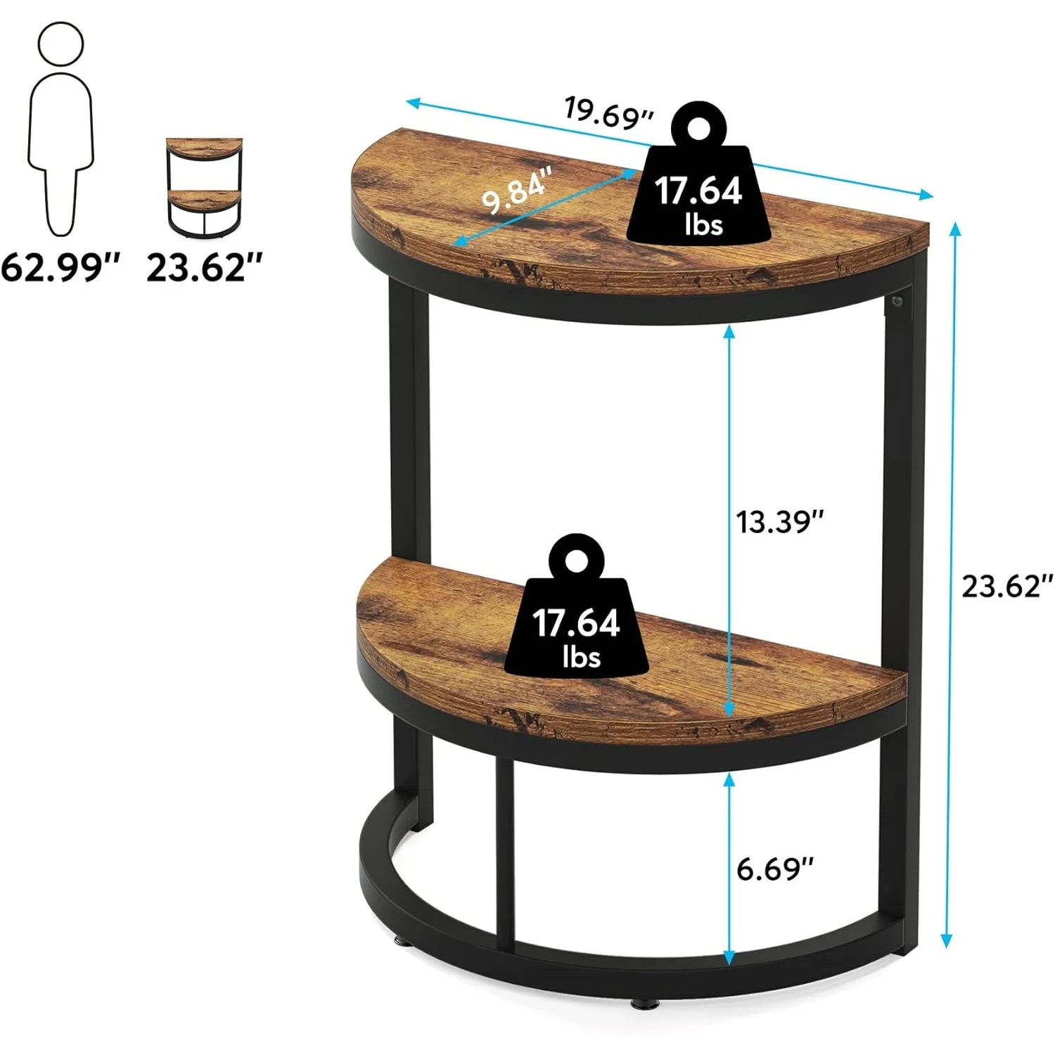 2-Tier End Table Semi Circle, Small Half Round Side Table with Storage Shelf,