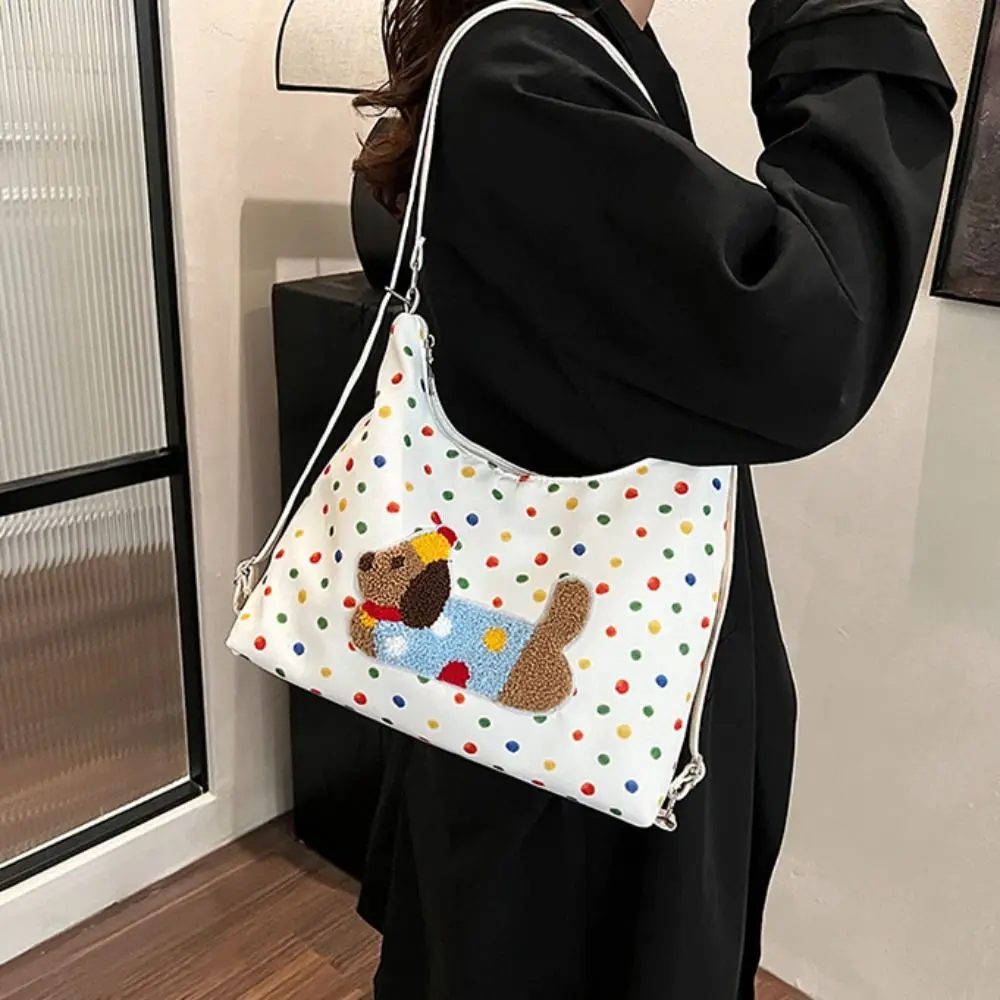 

Casual Korean Style Puppy Embroidery Shoulder Bag Y2k Backpack Polka Dot Tote Bag White/Brown Dopamine Cartoon Handbag Daily