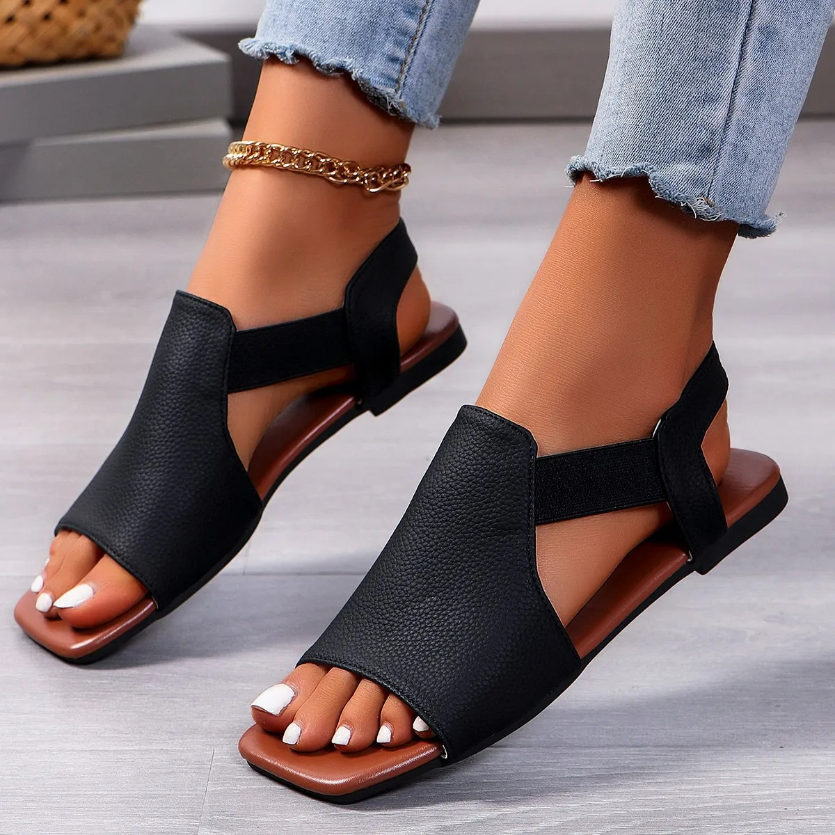 Square Toe Sandals Women 2024 New Summer Wear Soft Flat Retro Fashion Women Sandals Big Size