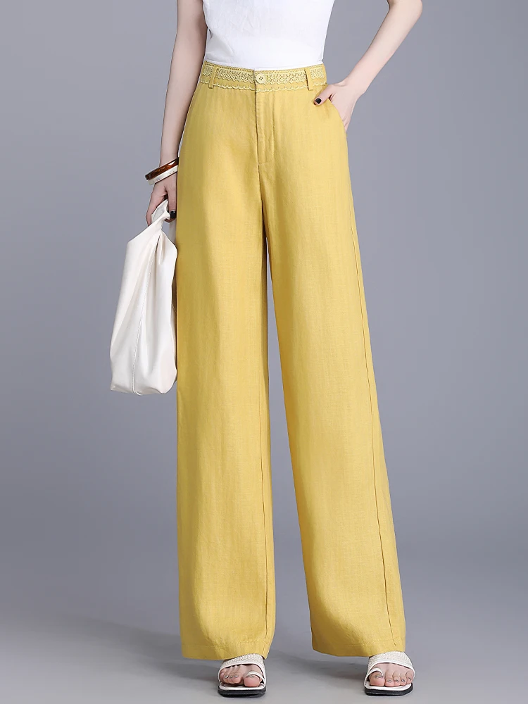 

Linen Straight Leg Pants Women Summer Thin New Style Casual Sun Protection Wide Leg Poplar Pants High Waist Button Closure