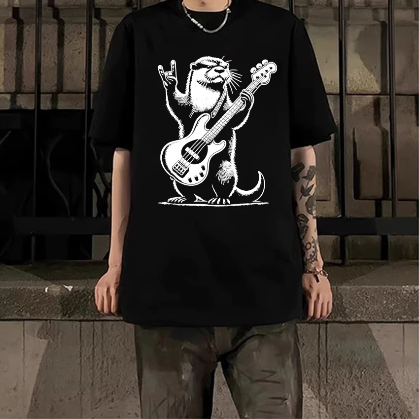 

Summer Rock N Roll Otter Playing Guitar printed short sleeve T-shirts Men Women Funny Oversized Cotton T shirt Unisex black Top