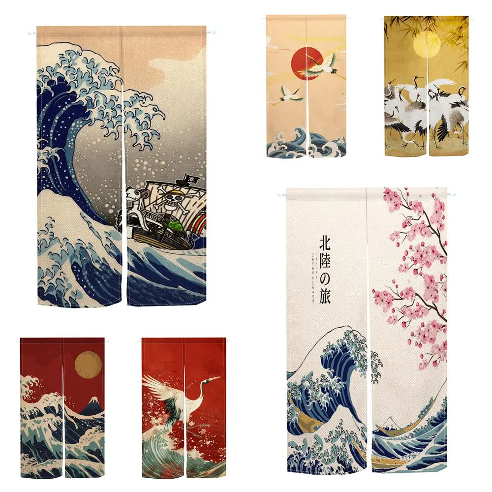 Japanese Door Curtain Cherry Blossom White Crane Sea Wave Linen for Room Restaurant Kitchen Partition Half Curtains for Doors