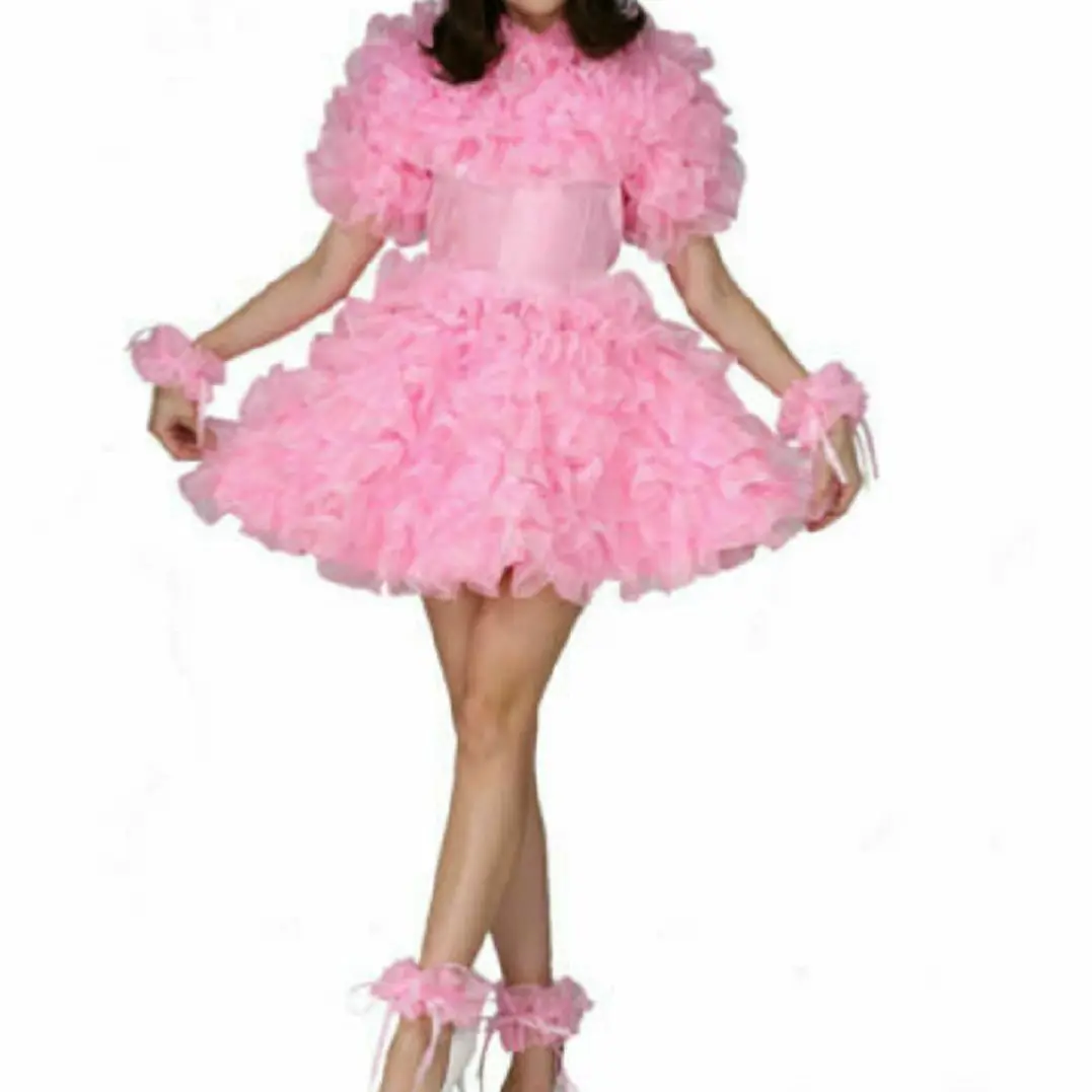 

New Hot Selling Sissy Lockable Fluffy Bubble Sleeve Maid Dress Pink Satin Organza Multi-layer Clothing Customization