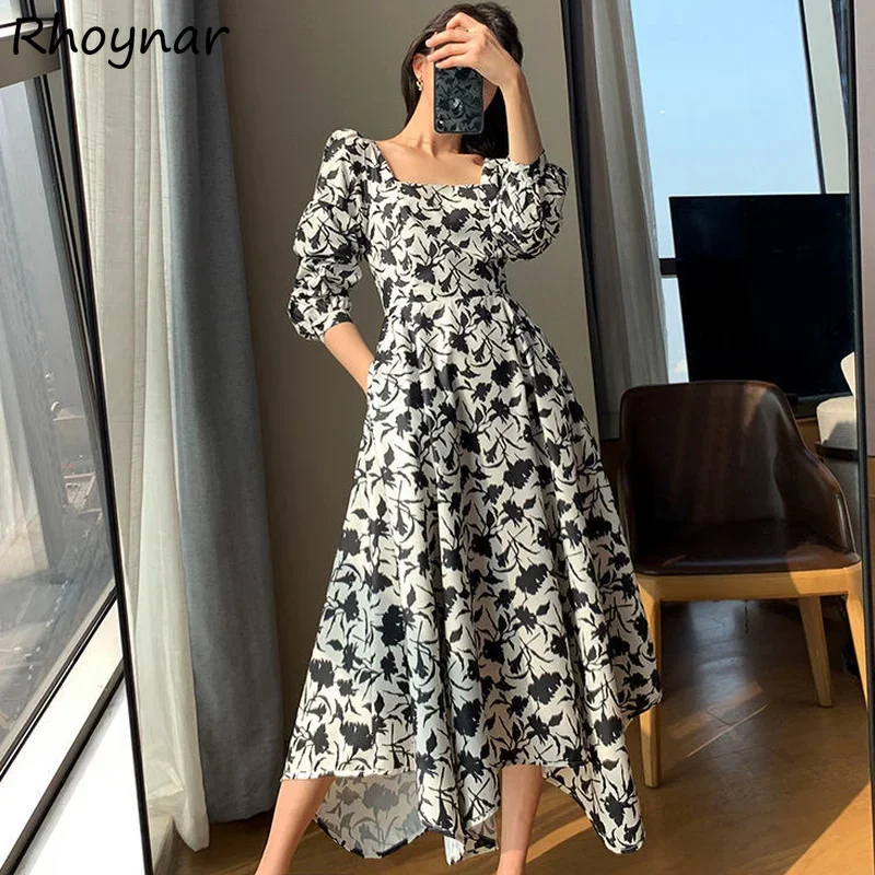 Puff Sleeve Dress Women French Style Floral Printing Autumn Irregular Fashion New Harajuku All-match Sundress Mujer Vestido Cozy