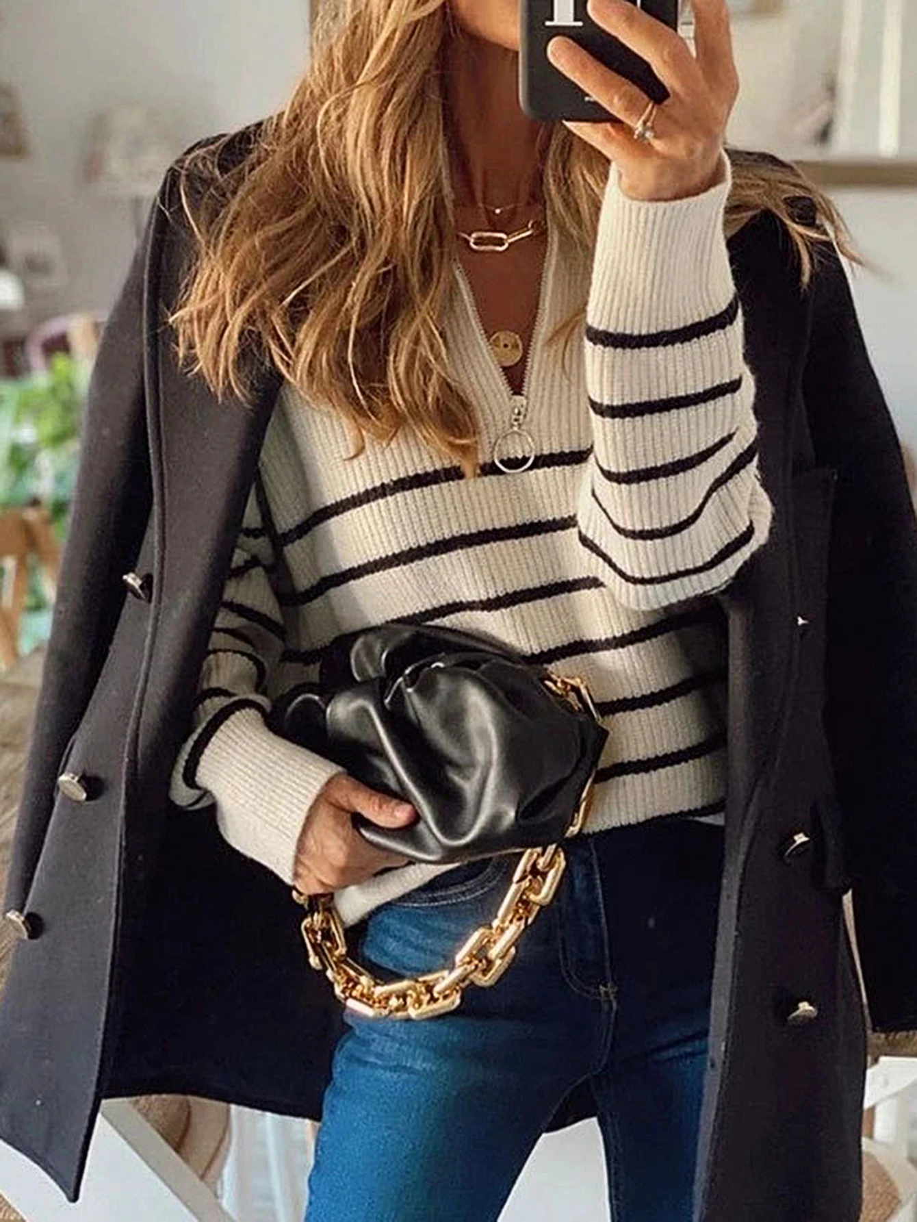 سترة نسائية ذات ياقة مدورة وأكمام طويلة وسحاب بلوفر علوي مخطط بألوان متطابقة على الطراز الأوروبي الأمريكي موضة الخريف والشتاء #4