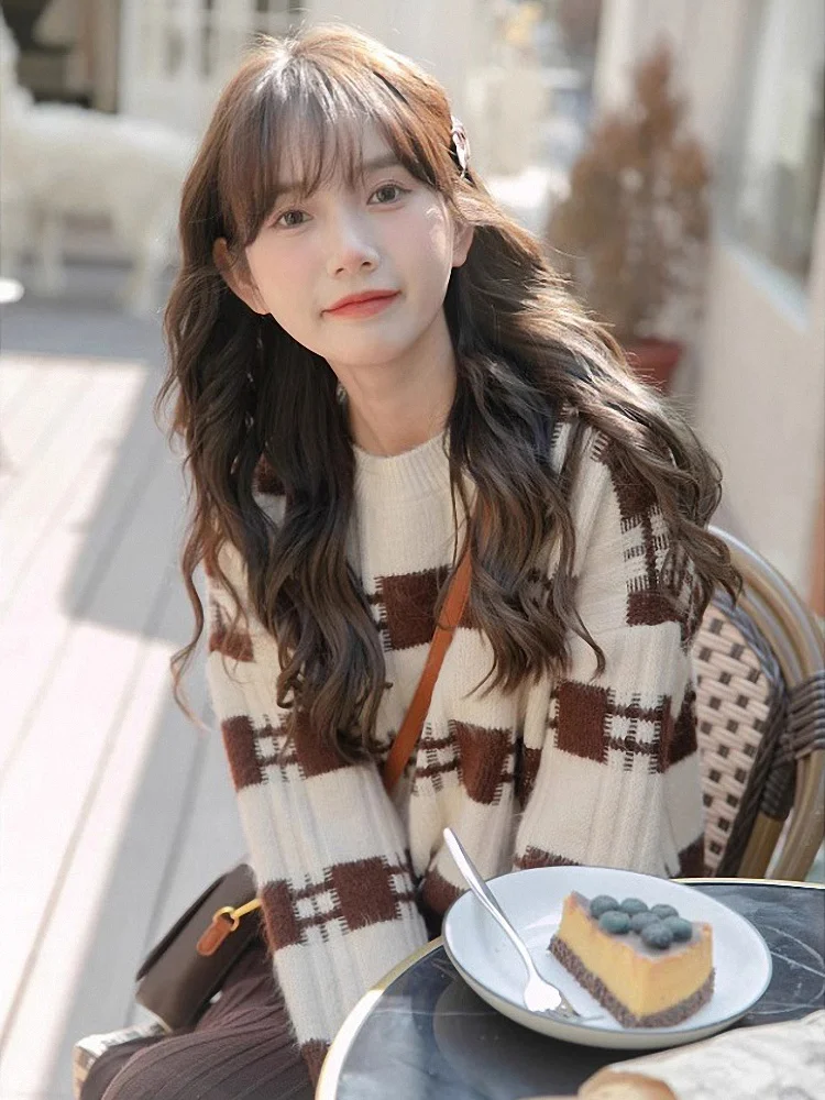 

Осень-зима, женский свободный вязаный цветной клетчатый свитер, мягкий уютный ретро-ленивый узор для настольной игры, длинный S...