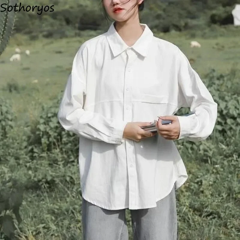 

Blouse Women Shirts Turn-down Collar Long Sleeve Plaid Outwear Pocket White Korean Style Students Ulzzang Leisure All-match Chic