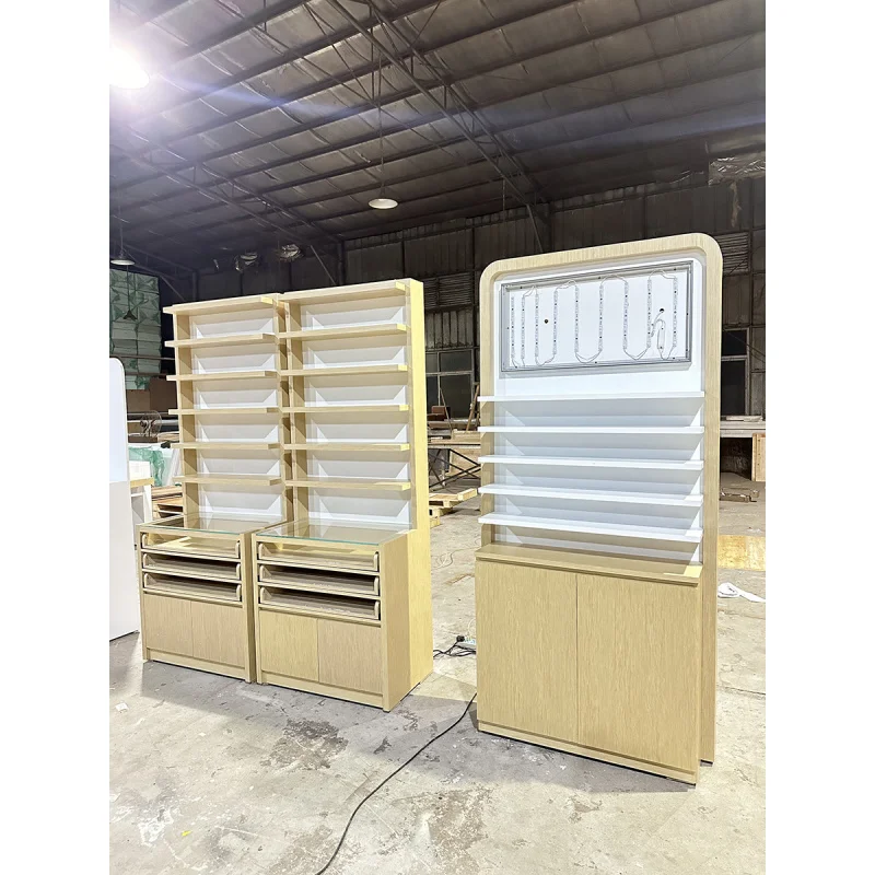 custom.Floor Standing Shop Display Cabinet Eyewear Display Cabinet MDF with Wood Veneer LED Light Display showcase Drawer Storag