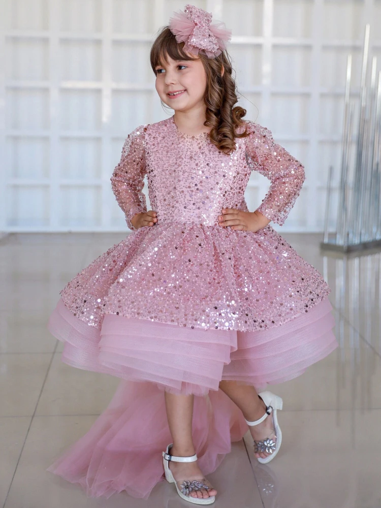 

Flower Girl Dresses Pink Puffy Sequin With Bow And Tailing Long Sleeves For Wedding Birthday Banquet Holy Communion Gowns