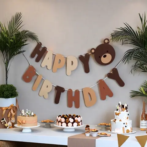 1 Set Of Brown Bear Birthday Banner Party Decoration Supplies Non-woven Holiday Letter Banner Baby Shower Party Banner For Boys