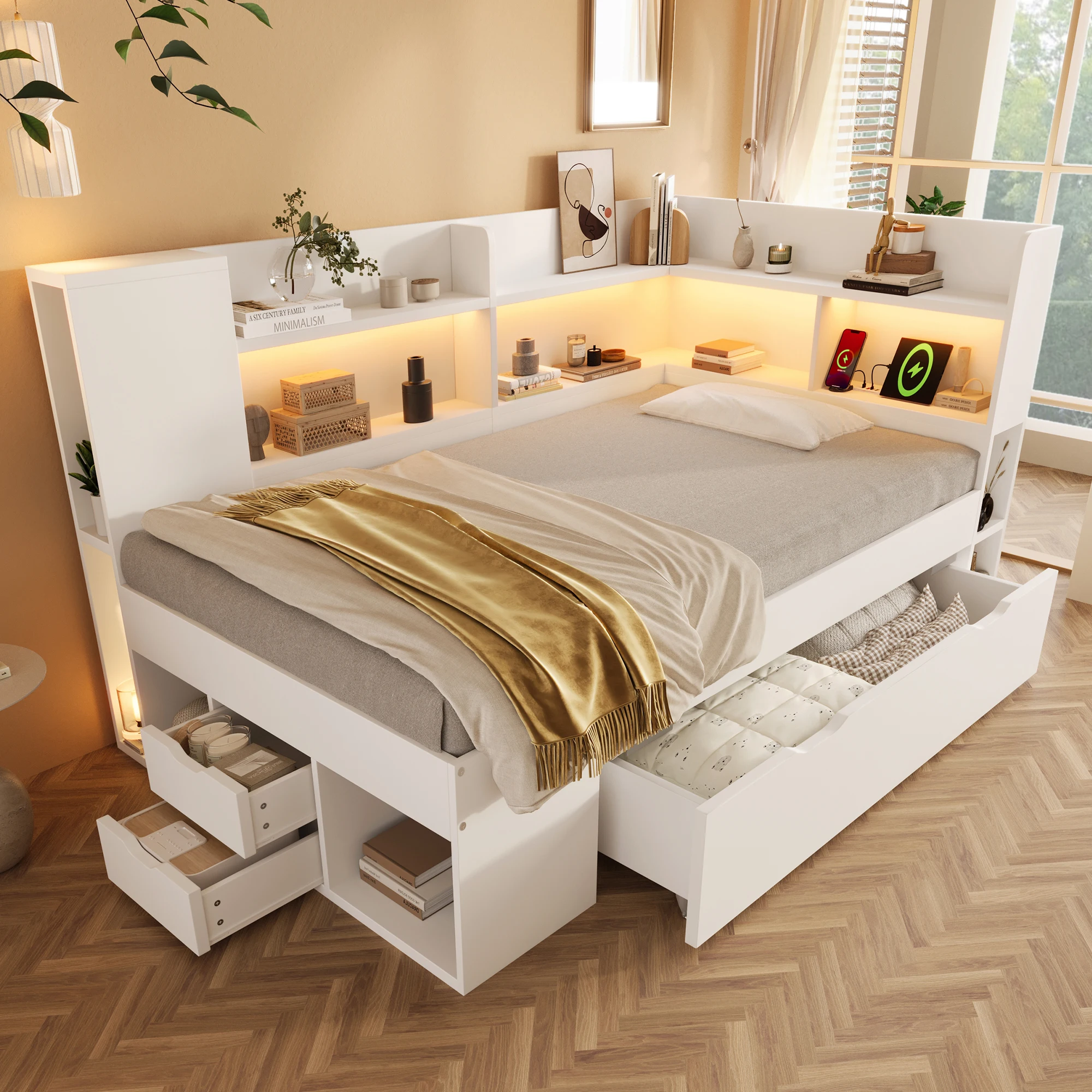 Cama Individual 90 × 190 cm, con USB, Tipo-C, LED Ajustable, Estantes y Cajones - sin Colchón - Blanco