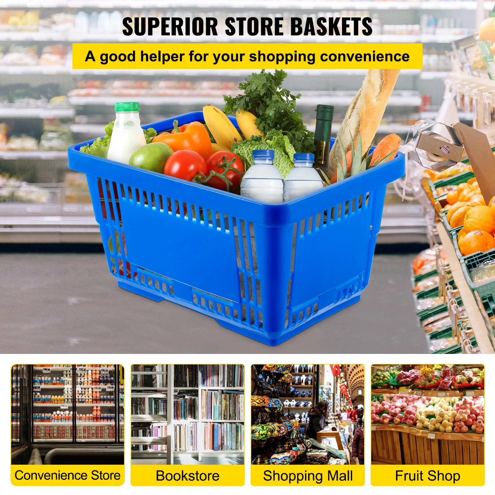 Shopping Basket, 16.9 x 11.8 x 8.7 in/42.8 x 30 x 22 cm((L x W x H), Set of 12 Store Baskets with Durable PE Material Used for Supermarket, Plastic Handle and Iron Stand, Retail, Bookstore, Blue