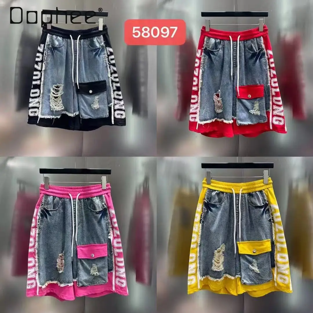 European Goods Denim Shorts Women's 2025 Summer New Letter Printing Splicing Pocket Ripped Five-point Pants Women Shorts
