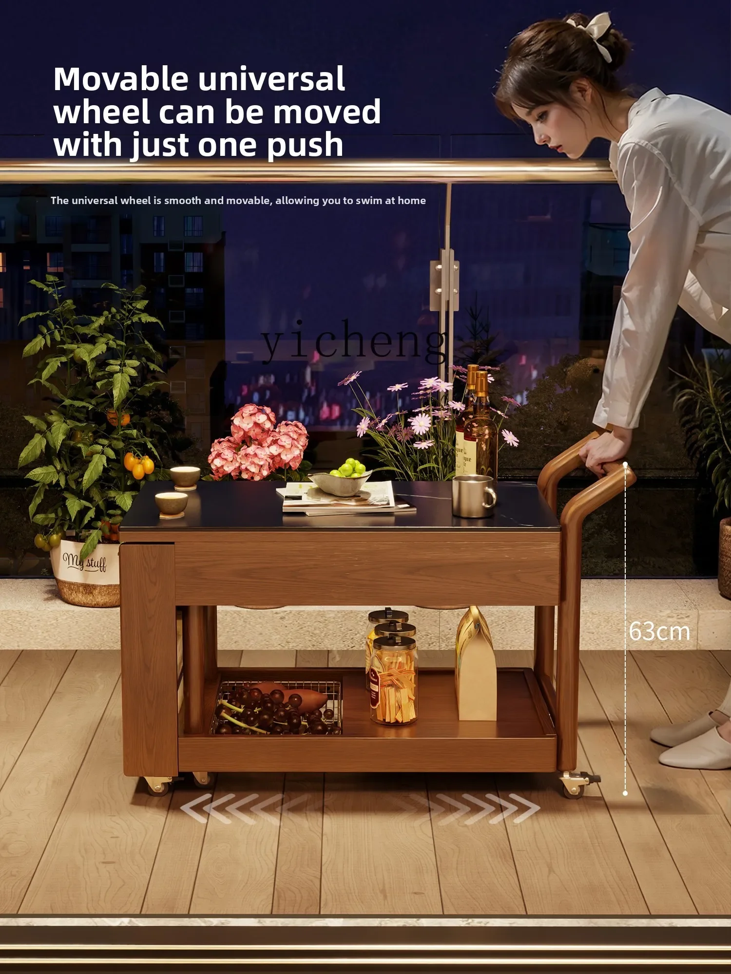 Solid Wood Movable Coffee Table Surrounding Stove Tea Table Living Room Balcony Retractable Rock Slab Edge Few