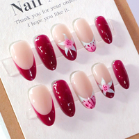 Fashion Wine Red French White Nail Art Pink Halo Dyeing 3D Flowers False Nails Detachable Finished Fake Nails Press on Nails