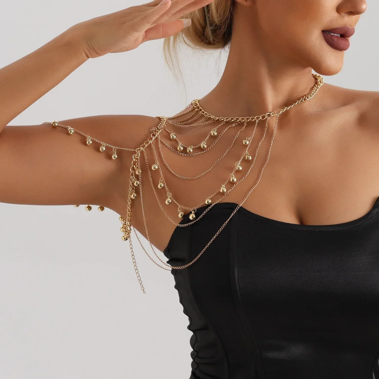 Fashionable Multi-layer Tassel Metal Ball Shoulder Chain Body Chain Personalized Spicy Girl Chest Chain Accessories