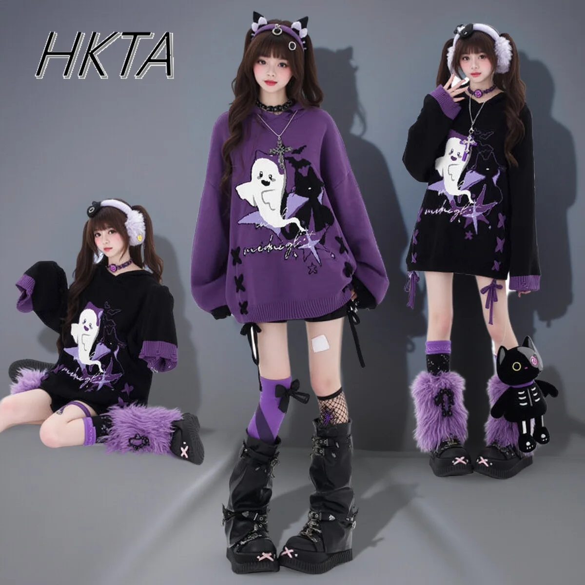 Y2k Halloween Little Ghost Abby Culture Original Knitted Sweater Contrasting Color Strap Oversized Sweater Top Winter Sweaters