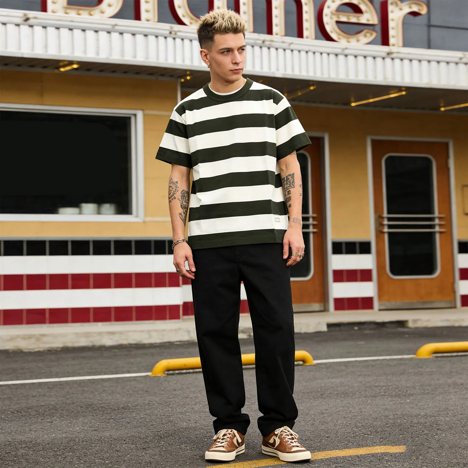 New American Retro Khaki T-shirt Heavy Duty Motorcycle Men's Short Sleeved Thick Striped T-shirt 260g