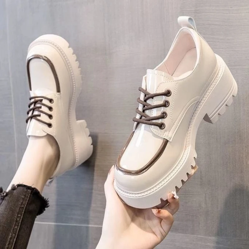 

Women Height Increasing Lace Up Leather Shoes Spring British Style Casual Versatile Thick Sole High Heel Loafers New Arrival