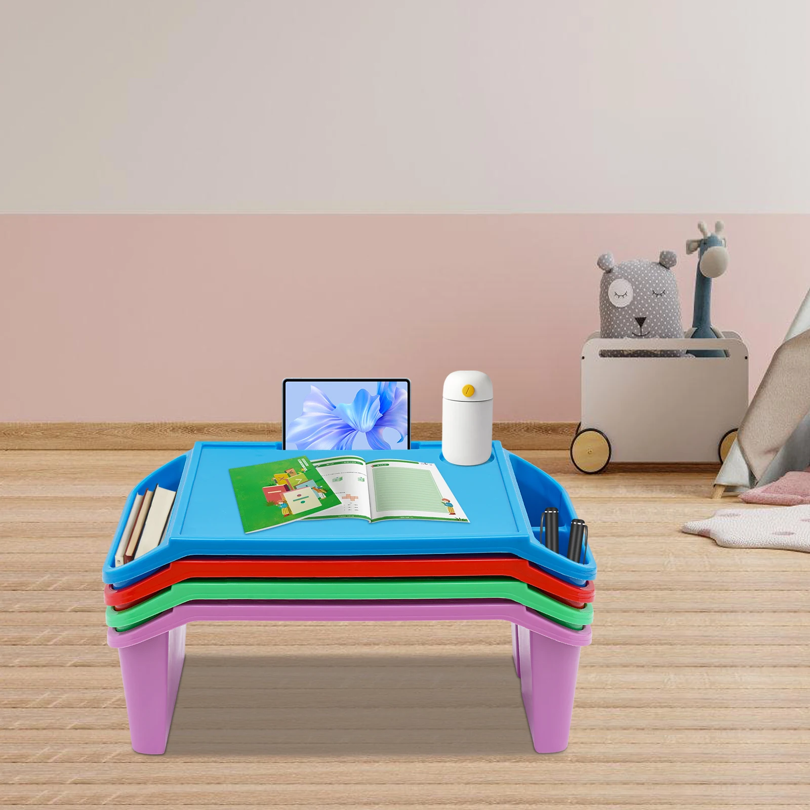 

Kids Lap Trays, 4-Piece, Stackable, With Storage Slots, For Bedroom, School, Meals, Homework, Comfortable Design