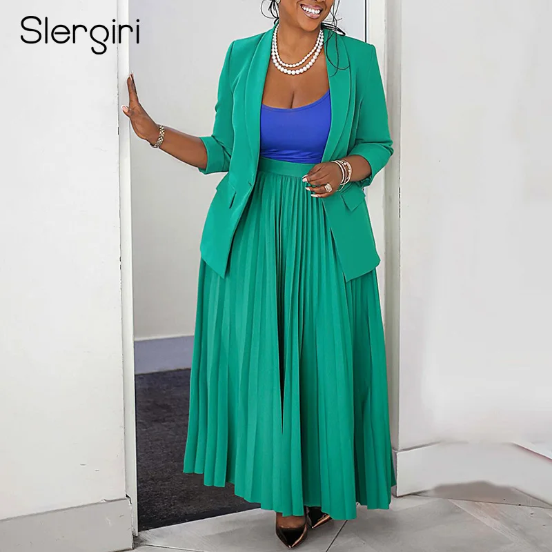 

Slergiri Women's Plus Size Two Piece Outfits Long Sleeve Blazer Jacket + Pleated Long Skirt Spring Office Work Wear 2 Piece Sets