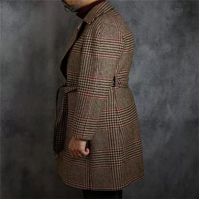 Houndstooth ชายชุดยาว Overcoat Custom Made ฤดูหนาวหนาอย่างเป็นทางการเสื้อแจ็คเก็ต Casual ชายชุด