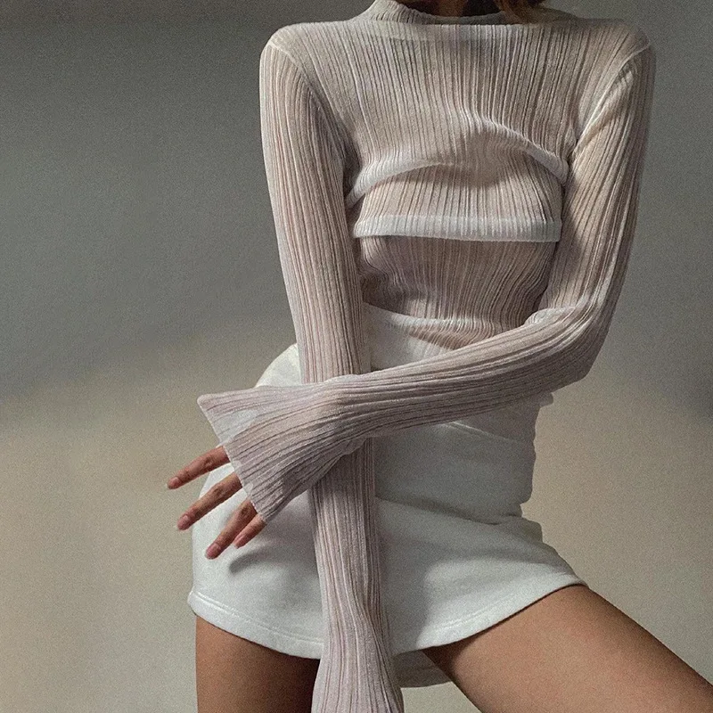 Deeptown See Through Long Sleeve T Shirts Women Basic Solid Color Turtleneck Mesh Tops Aesthetic Sexy Elegant Slim Tees Autumn