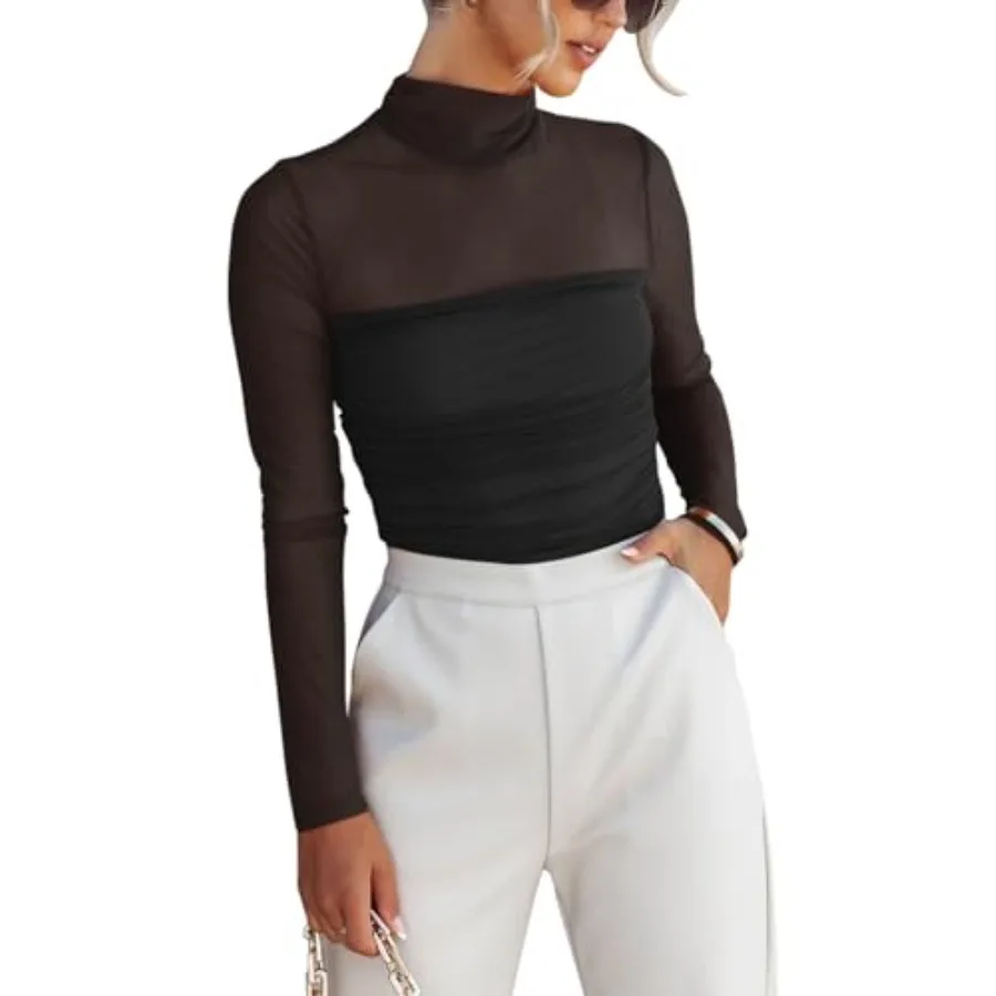 

REORIA Women's Trendy Sexy Mock Turtle Neck Long Sleeve Sheer Mesh Ruched Going Out Bodysuits Tops