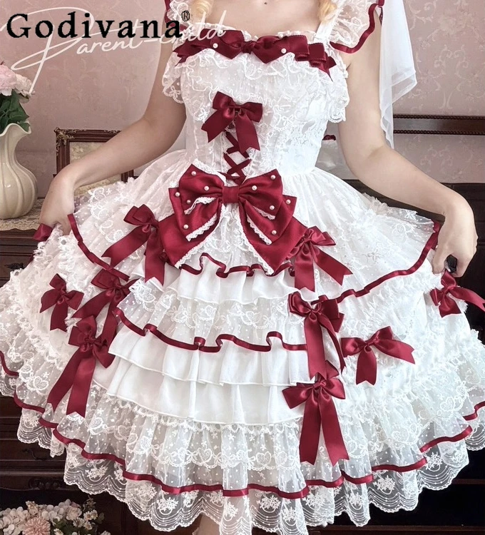 

Christmas Party Girl's Princess Lolita Dresses JSK Woman's Cute Bow Lace Sweet Wedding Dress Female Birthday Party Dress Dresses