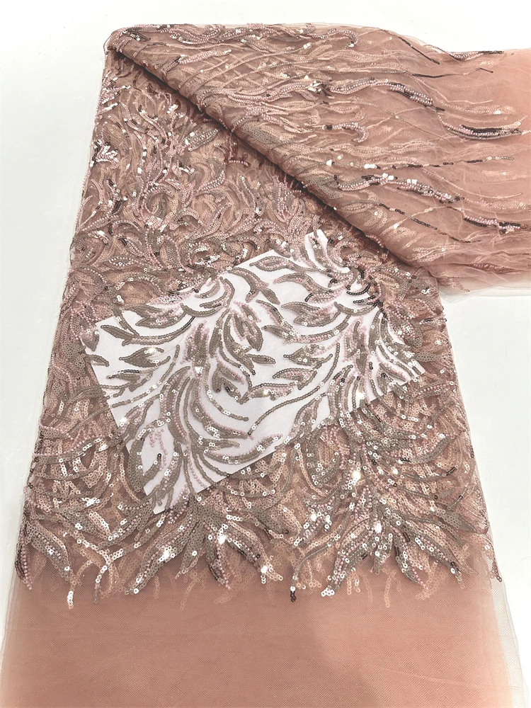 Top Selling Luxury Beaded Lace High Quality Fabric 2025 Embroidery Brown 5 Yards Lace Fabrics African Lace For Prom Dress