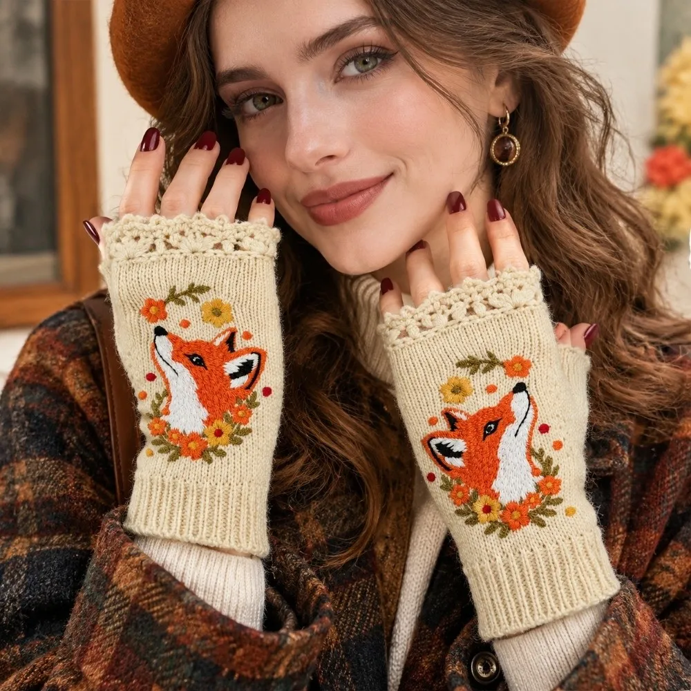 Cute Vintage Embroidery Knitted Gloves Half Finger Thick Winter Wool Gloves Windproof Touch Screen Fingerless Gloves Outdoor