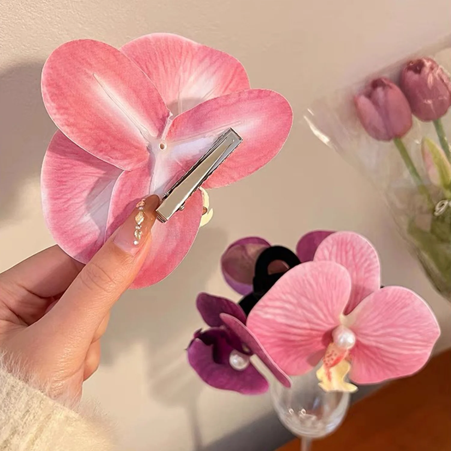 Fashion Pearl Phalaenopsis Flower Hairpin Cloth Seaside Holiday Headdress Women Hair Accessories Photo Bangs Clip Super Fairy