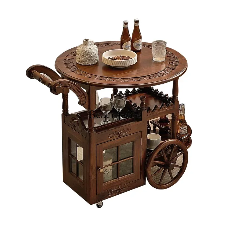 

American hand push solid wood household double-layer storage cart mobile living room coffee table Chinese ancient style