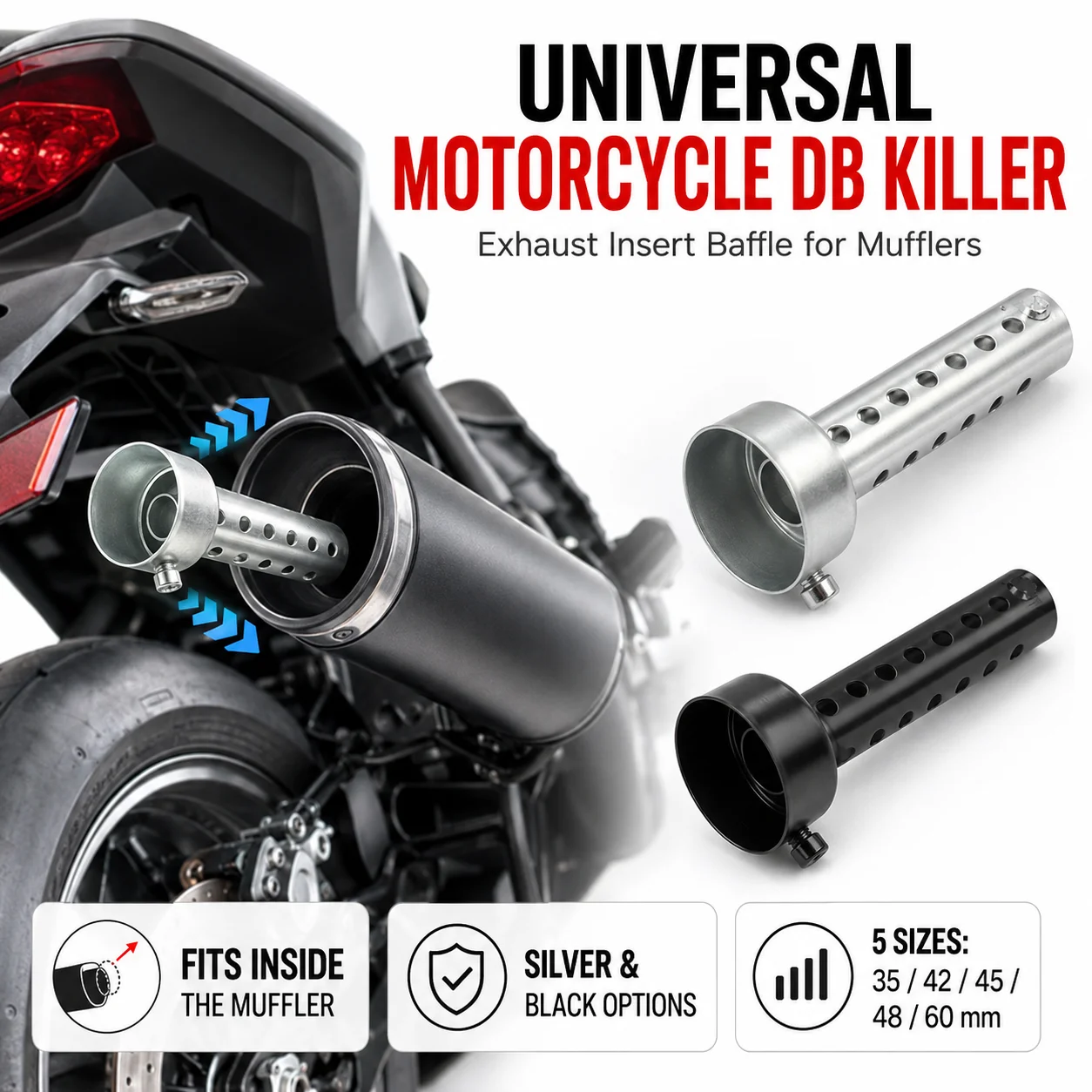 Universeller Motorrad-Schalldämpfer-Einsatz DB Killer aus Edelstahl für 35 42 45 48 60mm Auspuffrohre