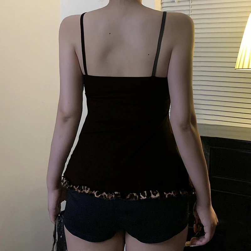 SUCHCUTE Y2k Leopard Print A-line Tank Top Streetwear 90s Sexy Sleeveless Lace-up Camisole Women Vintage Crop Top Summer Clothes