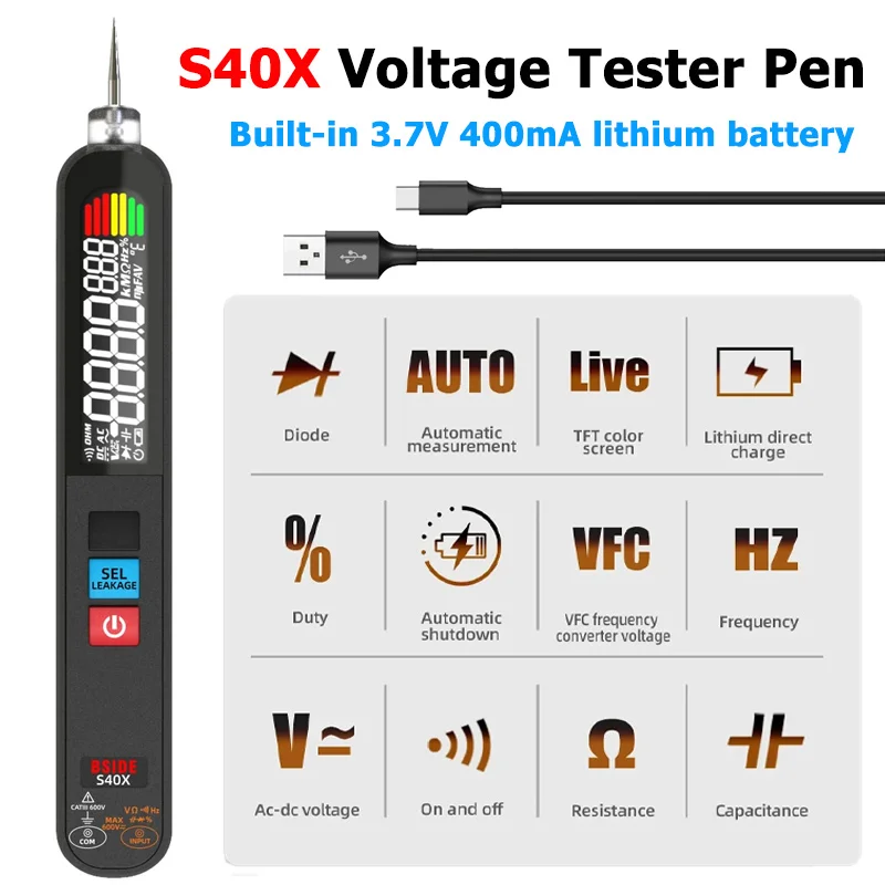 S40X Digital Multimeter Leakage Voltage Tester Detector Rechargeable DC AC Voltage Diode Resistance Capacitance Electric Pen