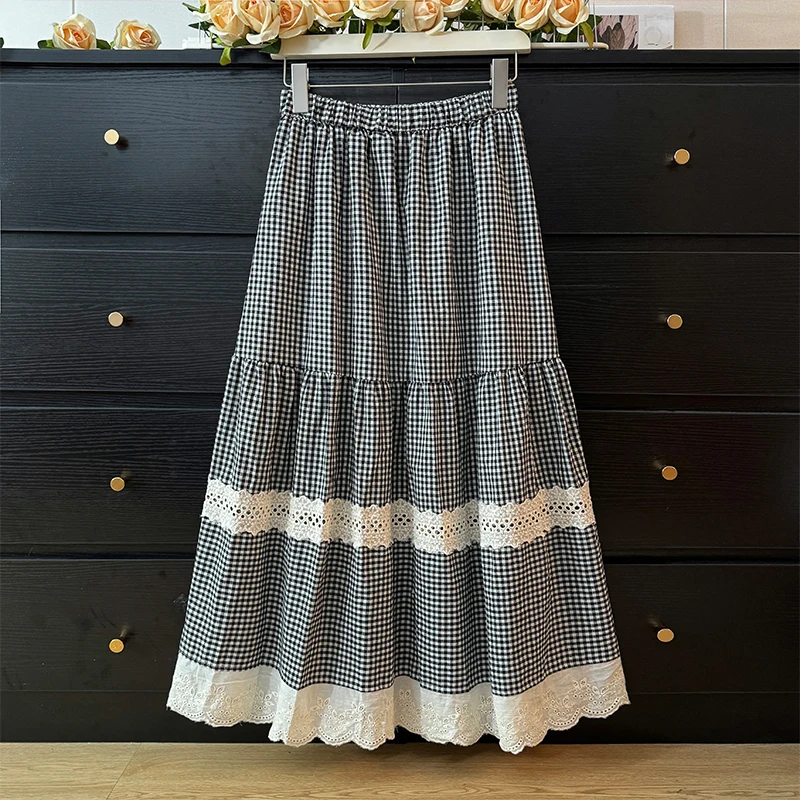 French Sweet Hollow Out Crochet Lace Patchwork Plaid Skirt Summer Women High Waist Casual Pleated Skirt Chic Skirt