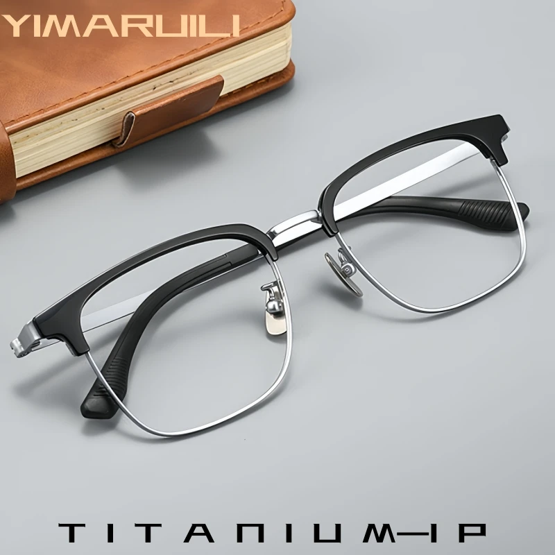 

YIMARUILI New Men's Retro Square Titanium Alloy Glasses Comfortable Flexible Simple Fashionable Optical Eyeglasses Frame 26021J