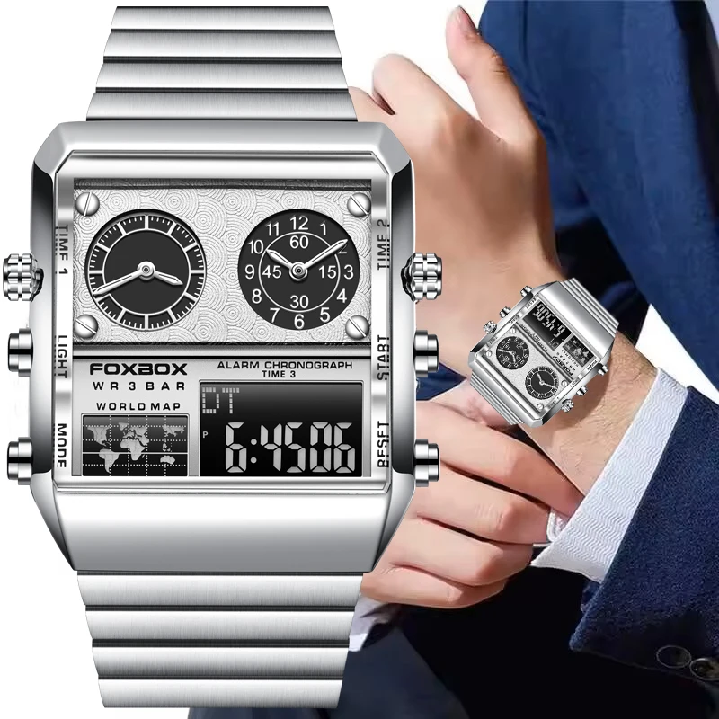 FOXBOX جديد فاخر مربع الفولاذ المقاوم للصدأ مقاوم للماء ساعة رجالية موضة ساعات رقمية للرجال ساعة عسكرية LED ساعة يد رياضية