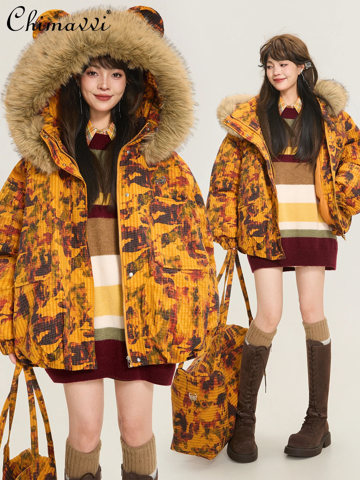 

Japanese Fashion Retro Fur Hooded Camouflage Cotton Jacket Winter Sweet Cute Thickened Warm Short Quilted Coats Women Overcoats