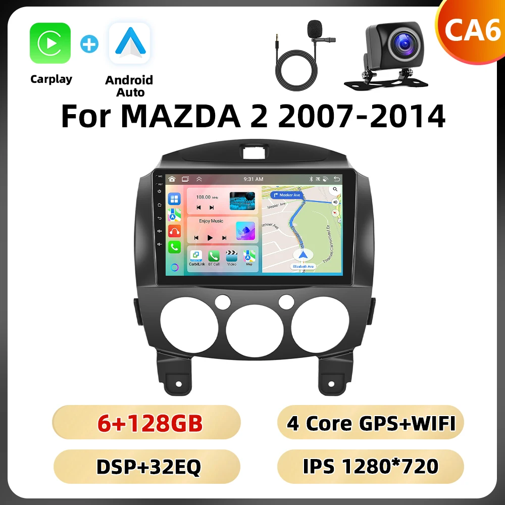 Podofo 9 ''BT RDS Autoradio Voor MAZDA 2 2007-2014 Multimedia Speler Navigatie Carplay Android Auto WIFI 4G AI Voice Autoradio